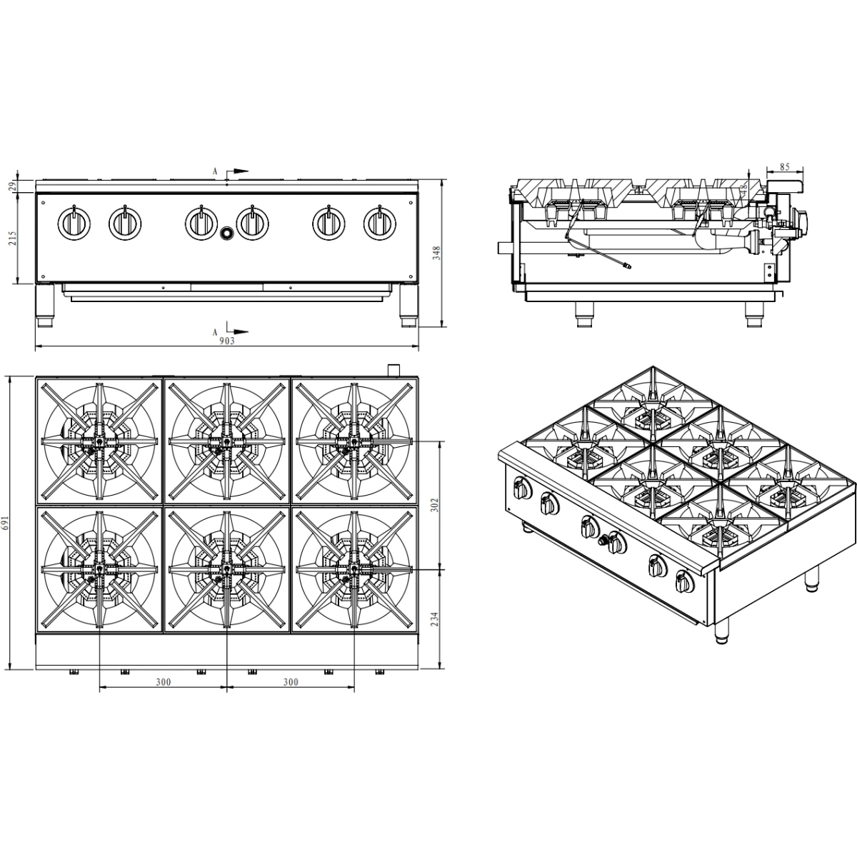Professional Gas Hotplate Cooker 6 Burners 42kW Countertop | Adexa EHP6S 4 Professional Gas Hotplate Cooker 6 Burners 42kW Countertop | Adexa EHP6S - Image 2
