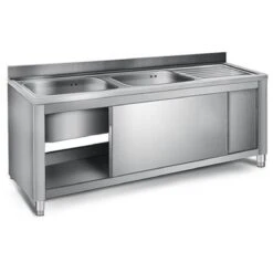 Commercial Sink With Cupboard Stainless Steel 2 Bowls Left Splashback Width 1800mm Depth 700mm | Adexa VSC187LBT