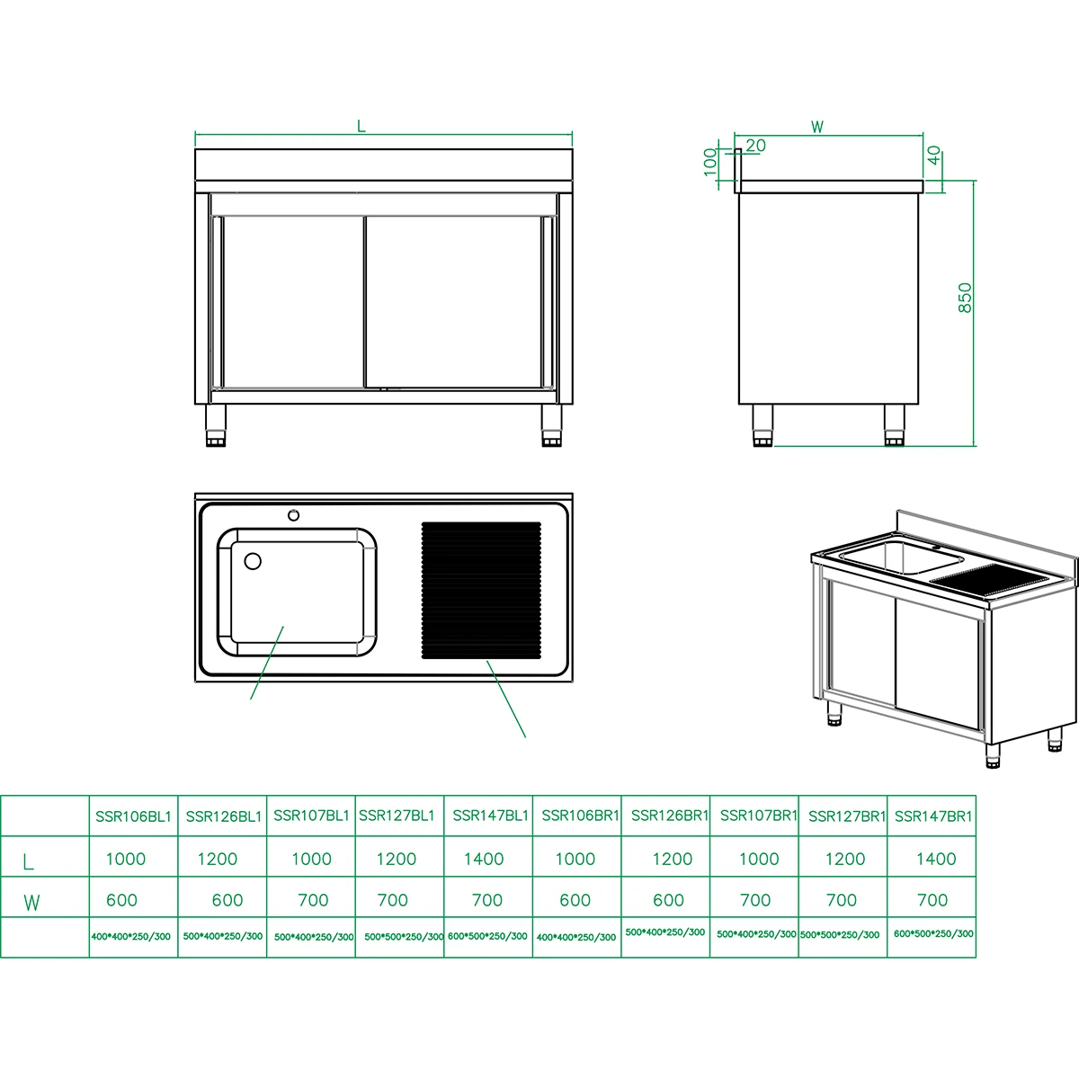 Commercial Sink With Cupboard Stainless Steel 1 Bowl Right Splashback Width 1200mm Depth 700mm | Adexa THSSR127BR1 4 Commercial Sink With Cupboard Stainless Steel 1 Bowl Right Splashback Width 1200mm Depth 700mm | Adexa THSSR127BR1 - Image 2