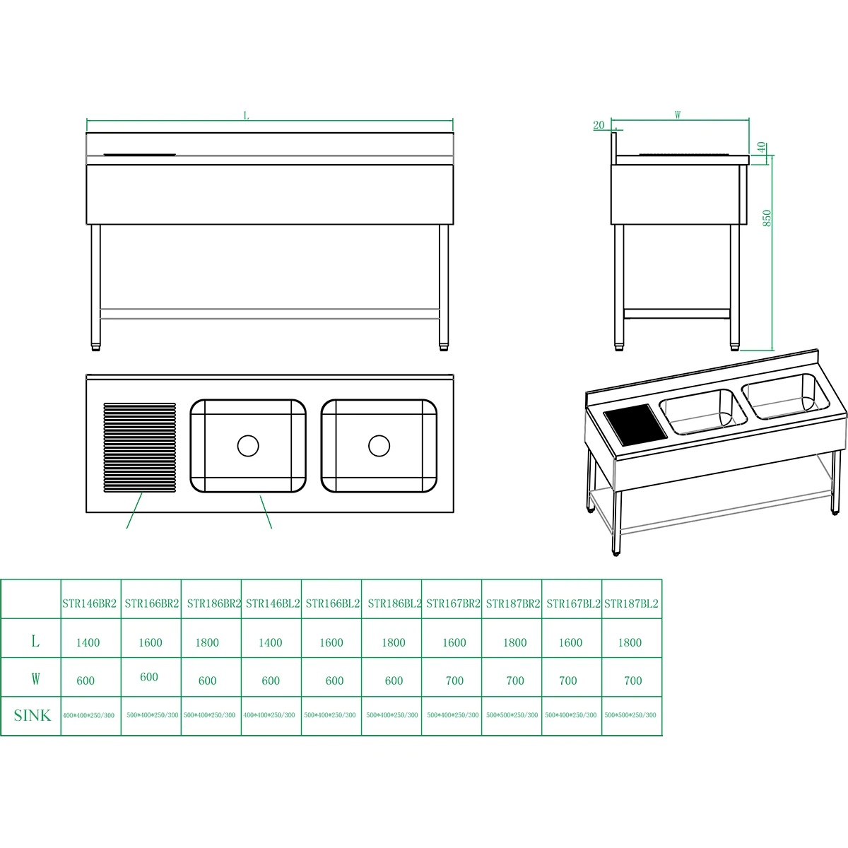 Commercial Sink Stainless Steel 2 Bowls Left Bottom Shelf Splashback 1600mm Depth 700mm | Adexa VS167LBT - Image 2